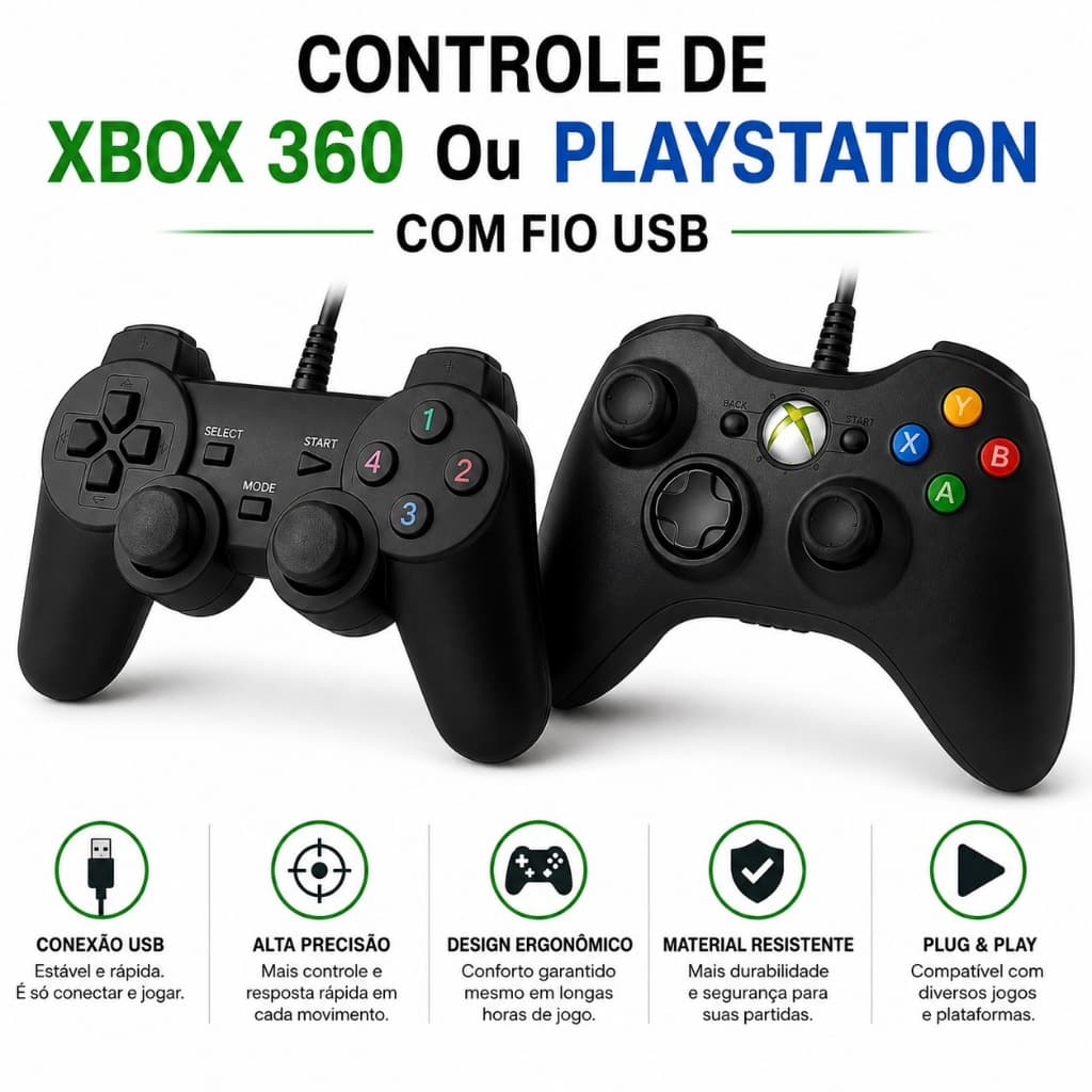 Controle De Xbox 360 ou Play Com Fio Usb Para Video Game e PC/ Fat E Pc Joystick Jogo