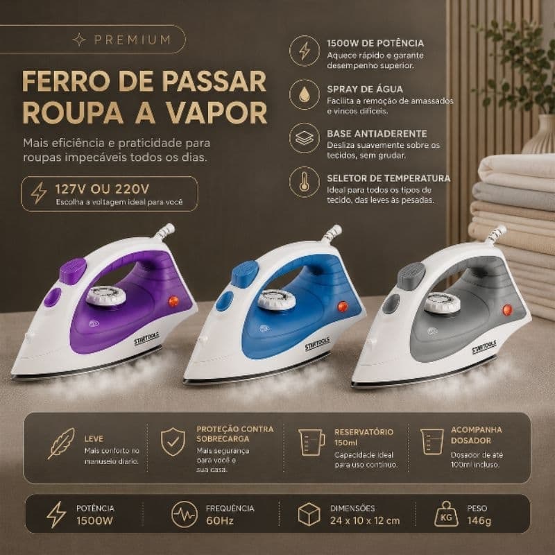 Ferro de Passar a Vapor Premium 127/220V Potente Moderno Sortido Cores Variadas