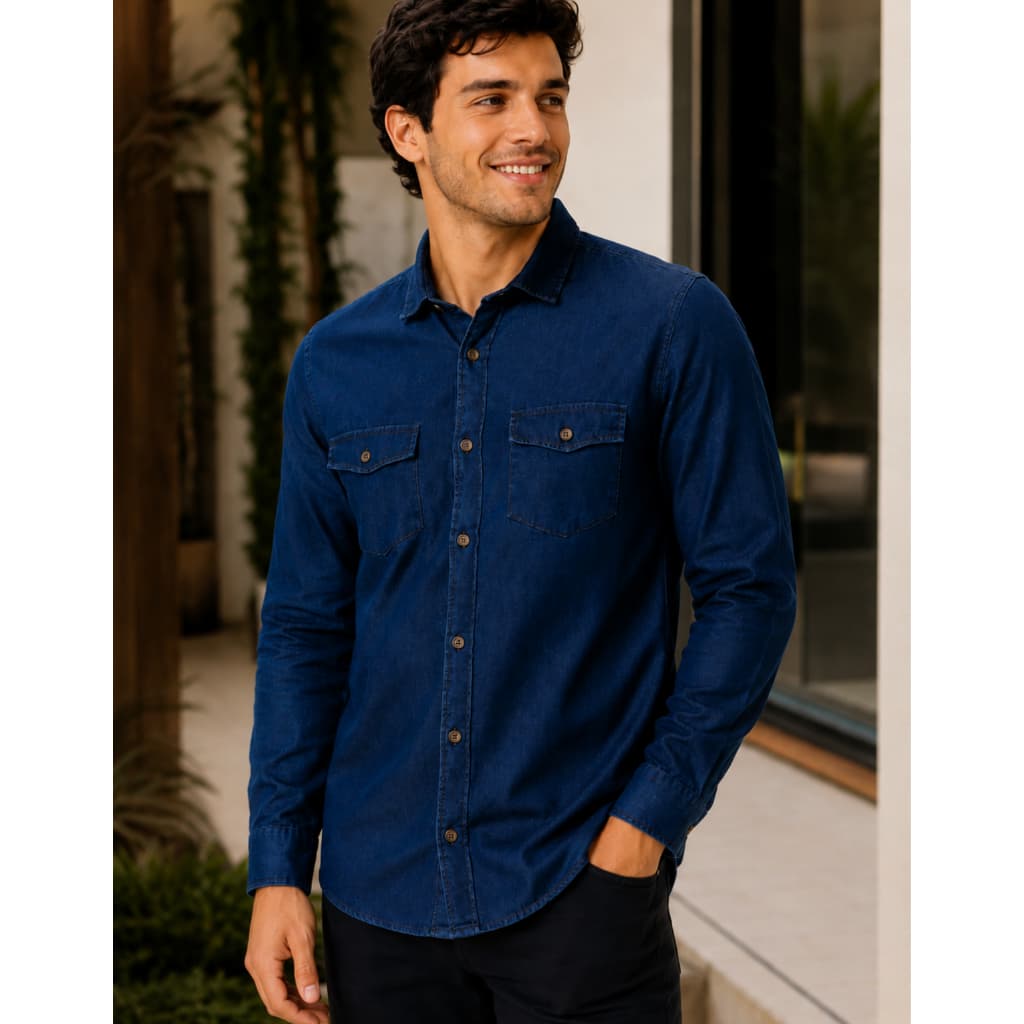 Camisa Jeans Masculina Manga Longa Social Casual Com Bolso Azul Escuro Confortável Premium Slim Fit Elegante Trabalho aw