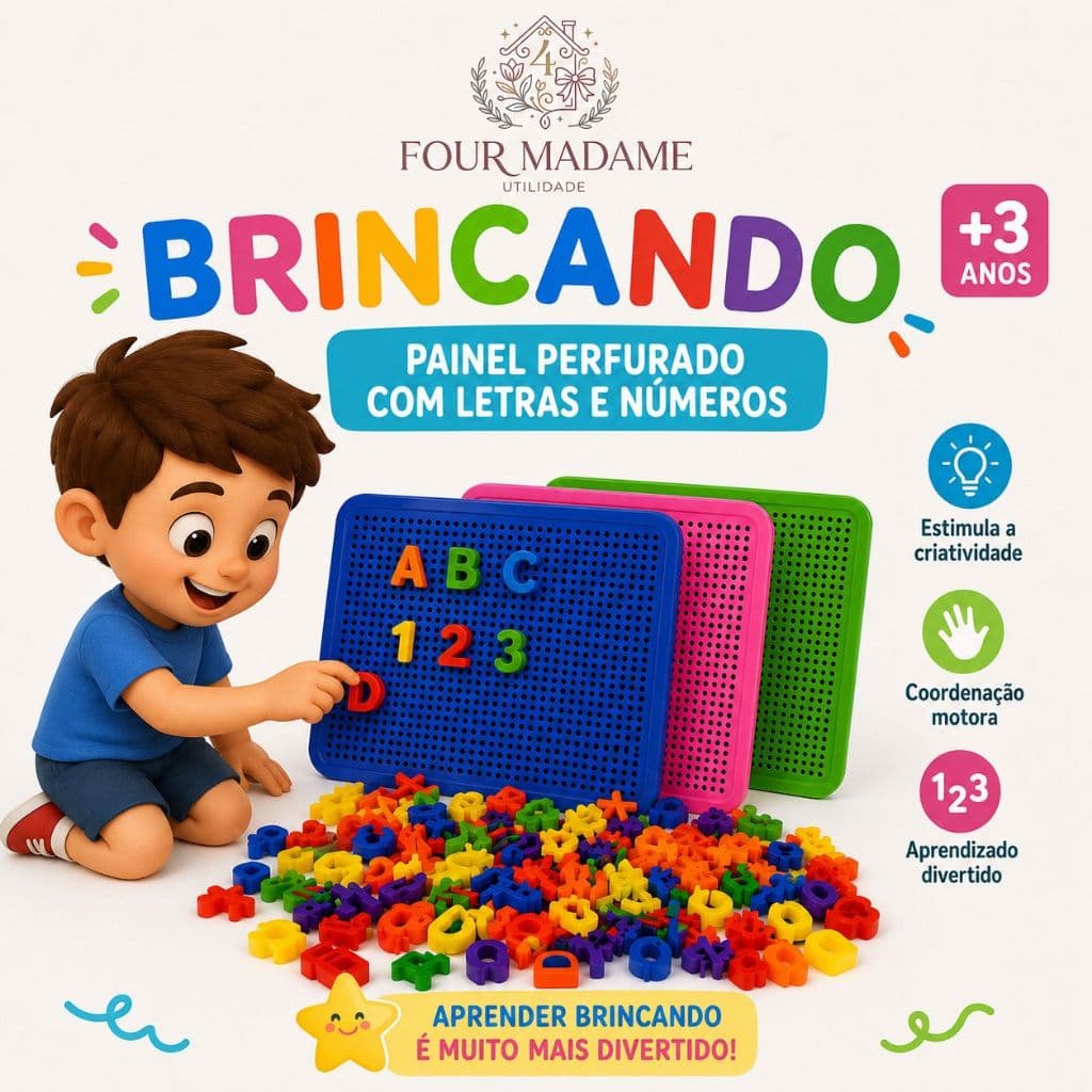 Brinquedo Educativo -Painel Perfurado Infantil com Letras e Números Brinquedo Educativo para Aprendizagem
