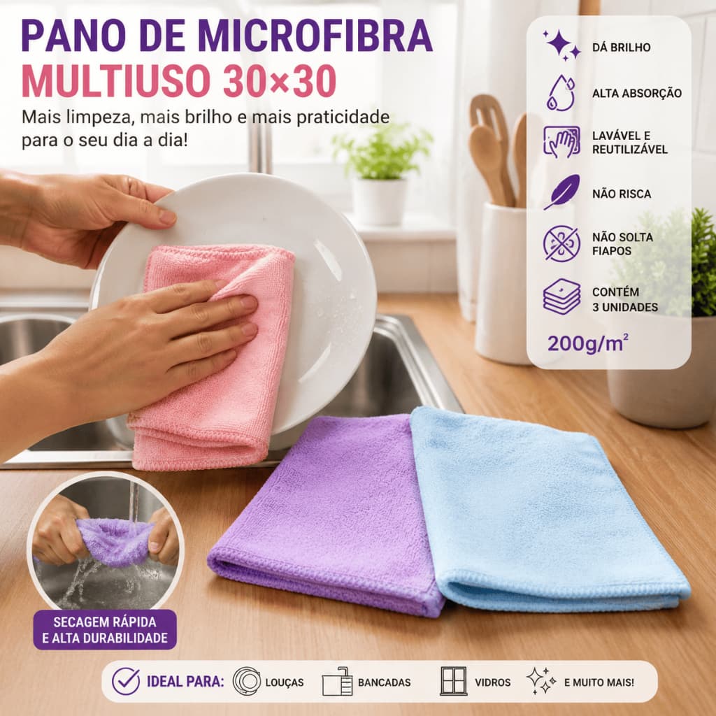 Kit 3 Panos Microfibra Limpeza Multiuso 30x30cm Pia Cozinha Lavanderia Lava Carro Alta Absorção