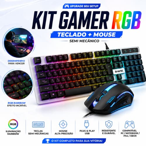 Teclado E Mouse Gamer Semi Mecânico RGB Rainbow Kit Completo Para Jogar PC Console Notebook