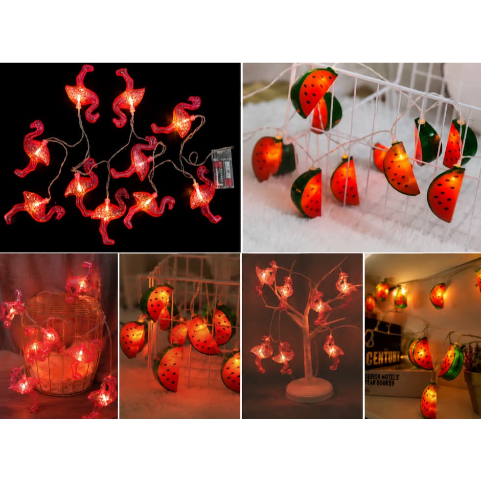 Cordão Luminária LED Decorativa Flamingo Melancia 10 LEDs 2,30m Decoração tropical infantil