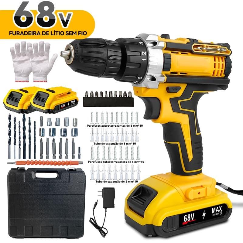 Parafusadeira a bateria Furadeira sem Fio  68V com Maleta de Acessórios.