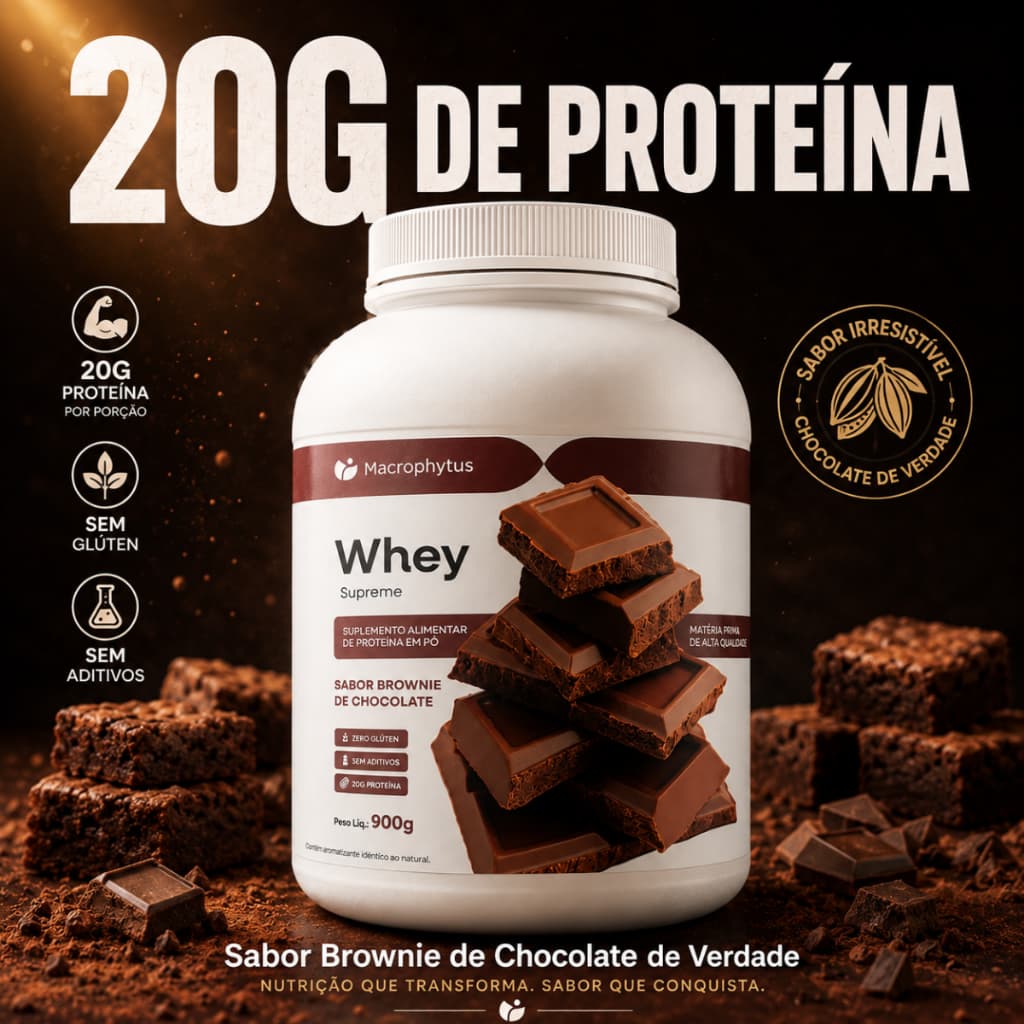 Whey Protein Concentrado 900g 20g Proteína Sabor Brownie Chocolate Zero Glúten Sem Açúcar
