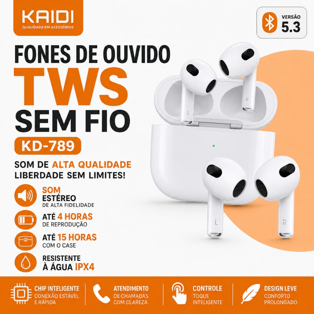 Fone de ovido BluetoothTWS Kaidi KD-789 – Bluetooth 5.3, Som Envolvente e Funções Inteligentes Fones de Ouvido