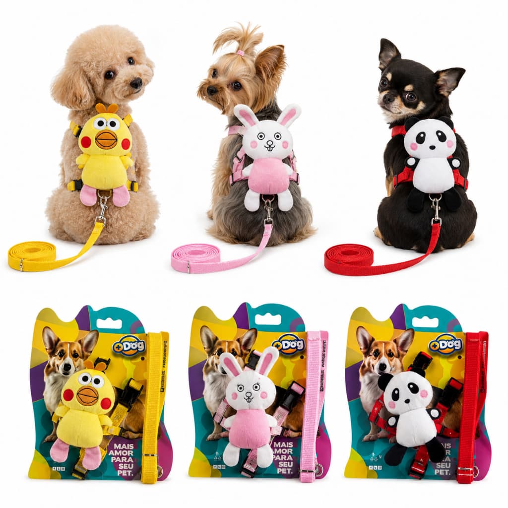 Guia com Peitoral para Cães e Gatos Coleira Bichinho Pelúcia para Pets