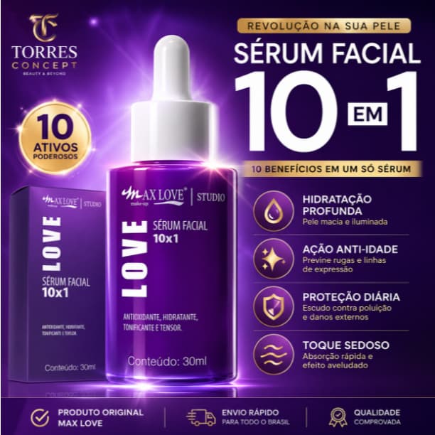 Sérum Facial 10 em 1 Max Love 30ml Blend Ativos Anti-idade Hidratação Profunda Pele Perfeita