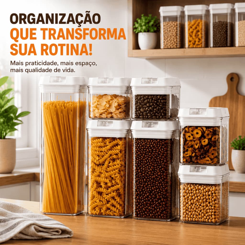 Kit 7 Potes Herméticos Acrílico Mantimentos Organizador Cozinha Tampa Vedação Multiuso