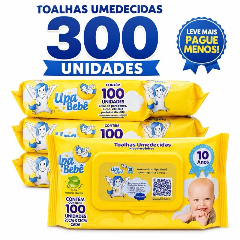 03 Pacotes 100un cada Toalha Umedecida Upa Bebê