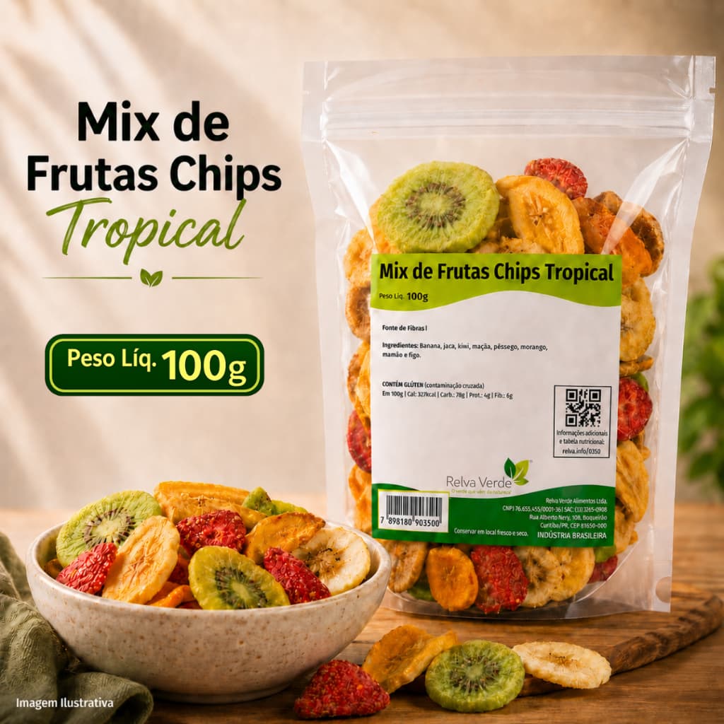 Mix De Frutas Tropicais Relva Verde 100g Fruta Chips  (7 Frutas) Desidratadas 100% Natural Saudável e Vegano