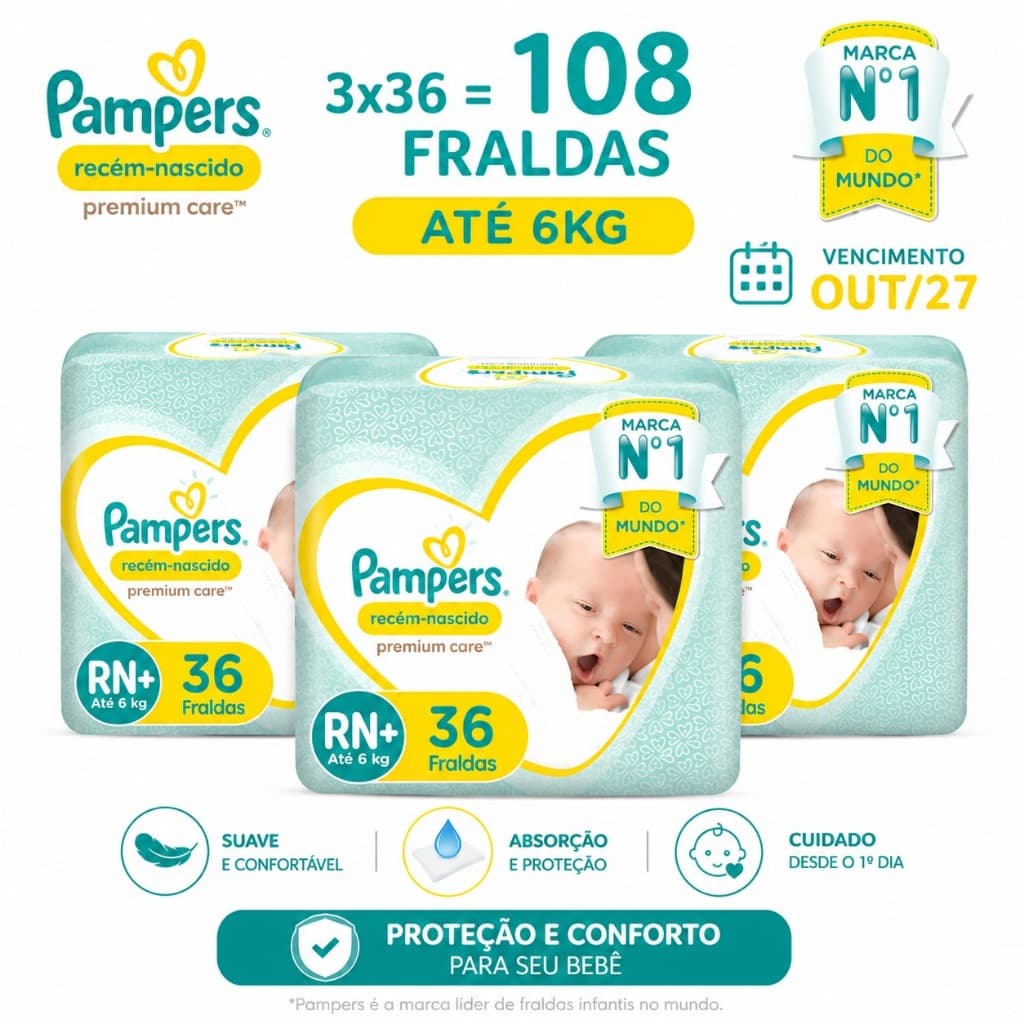 Pampers Premium Care RN+ Kit com 3 Pacotes (36 Unidades Cada)