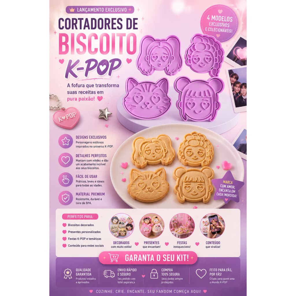 Kit Cortadores K-POP | Biscoitos | Cookies | Pasta Americana | Massinha de Modelar – 4 Unidades