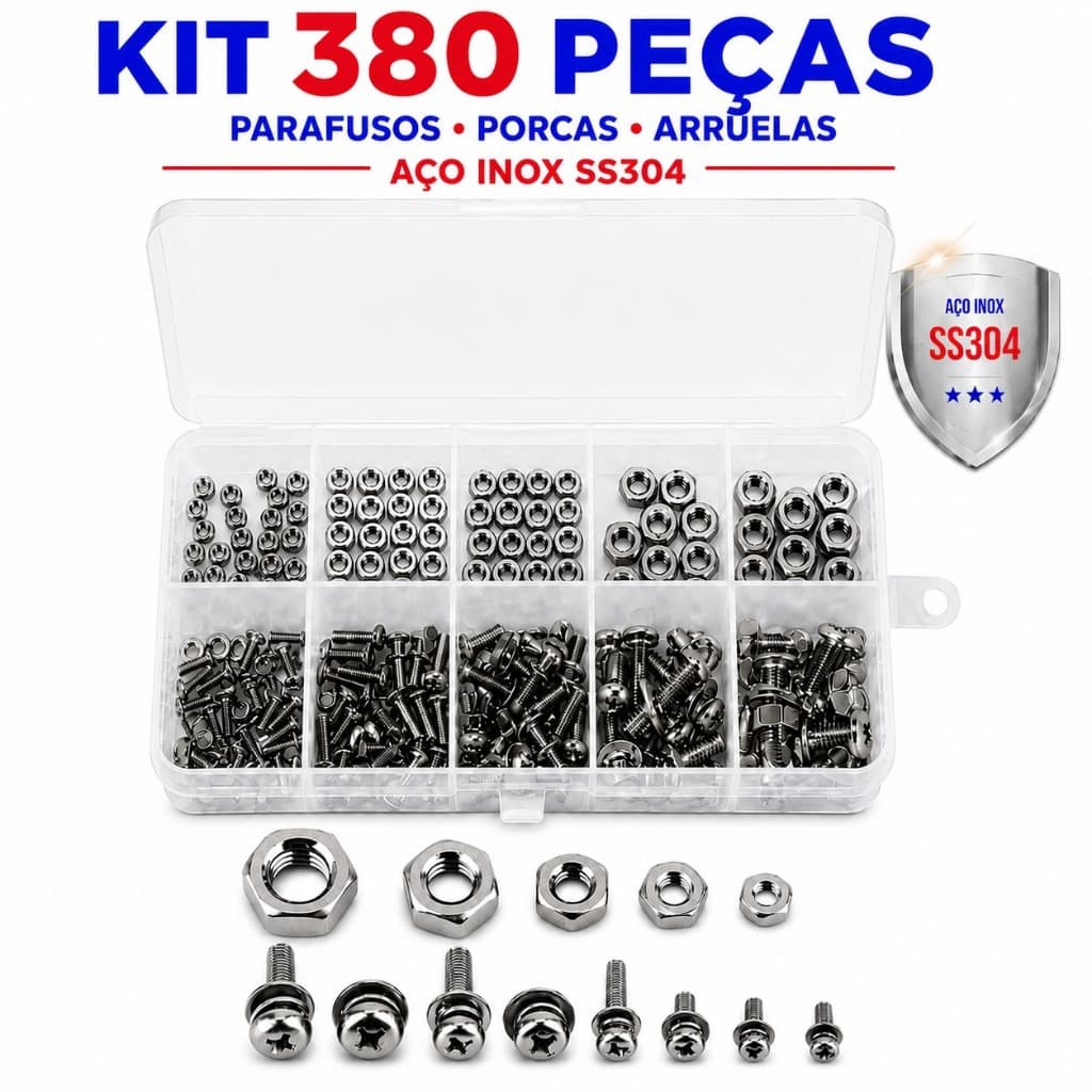 Kit 380 Peças Parafusos Porcas Arruelas Aço Inox SS304 M2 M2.5 M3 M4 M5 Completo