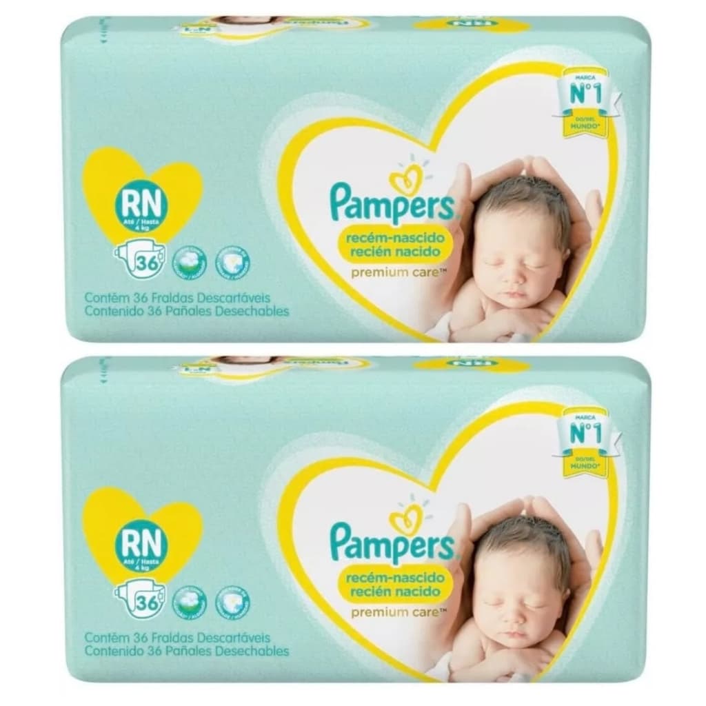 Kit 2 ptes Fralda Pampers RN Premium Care 36un ATÉ 4 KILOS AB.2