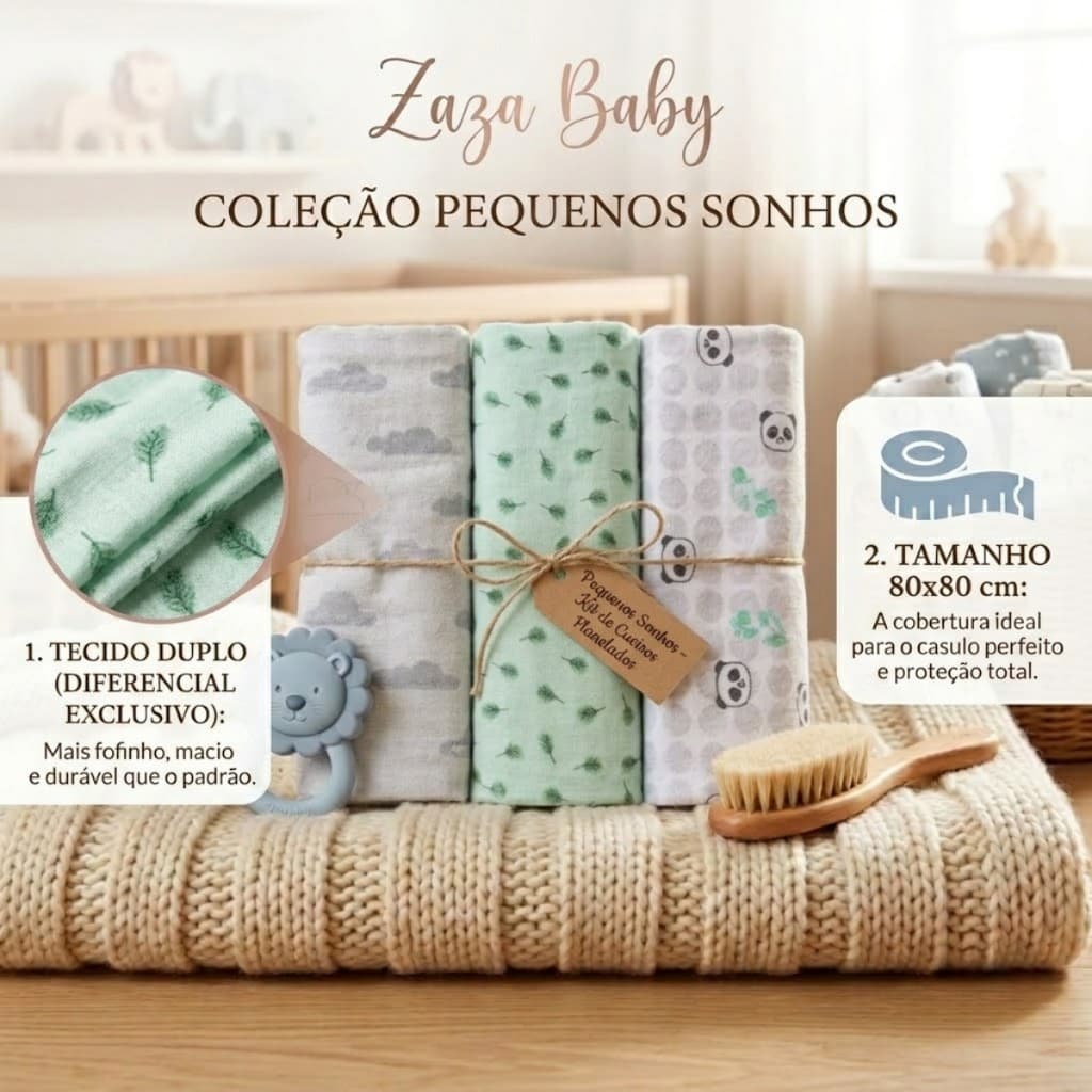 Cueiro Bebê Kit 3 Manta 100% Algodão Duplo Enxoval Recém Nascido Charutinho Pano Reforçado