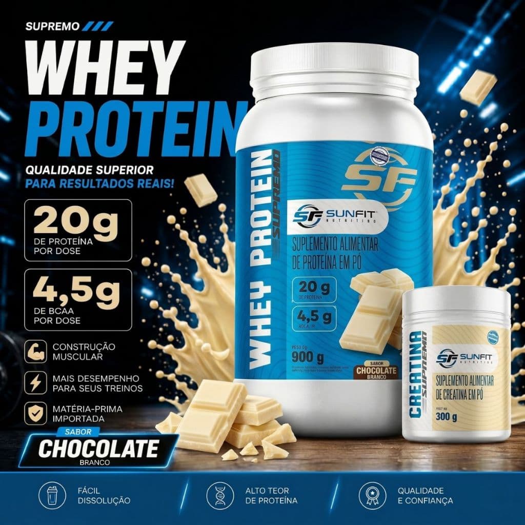 Kit Whey Protein Supremo 900g + Creatina 100% Pura Monohidratada Chocolate Branco
