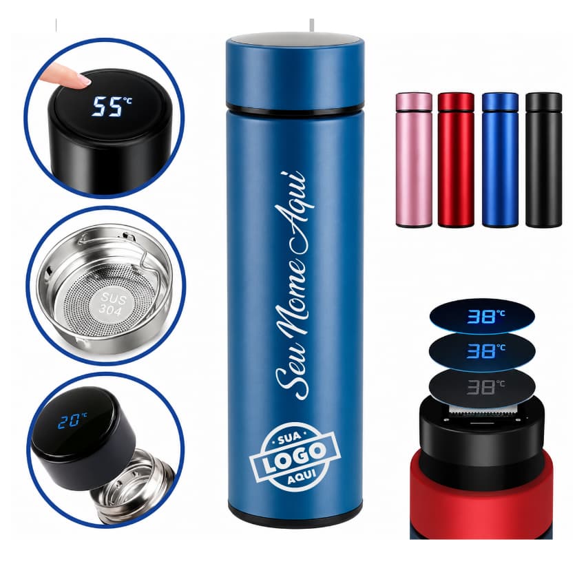 Garrafa Térmica LED Termômetro Digital 500ml Personalizada Nome Logo Time Brinde Empresa