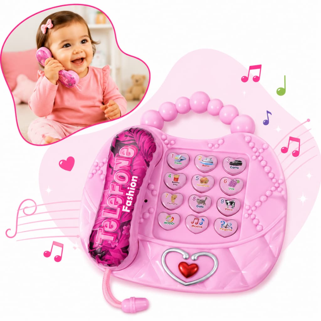 Telefone Musical Infantil Rosa Brinquedo Meninas Educativo som e luzes aprendizado Crianças Bebê