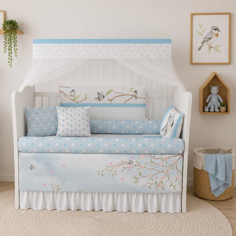 Kit Berço Enxoval Bebê Cerejeira Floral Azul e Rosa Infantil - Kt12