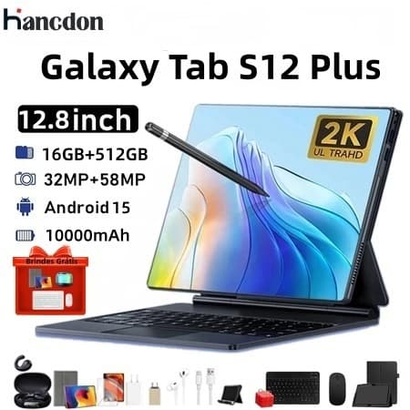 【Teclado e mouse grátis】Tablet PC Galaxy Tab S12 PLUS 12.8" HD 48MP + 24MP ROM 16GB + 512GB Android 15 Bateria 10000mAh