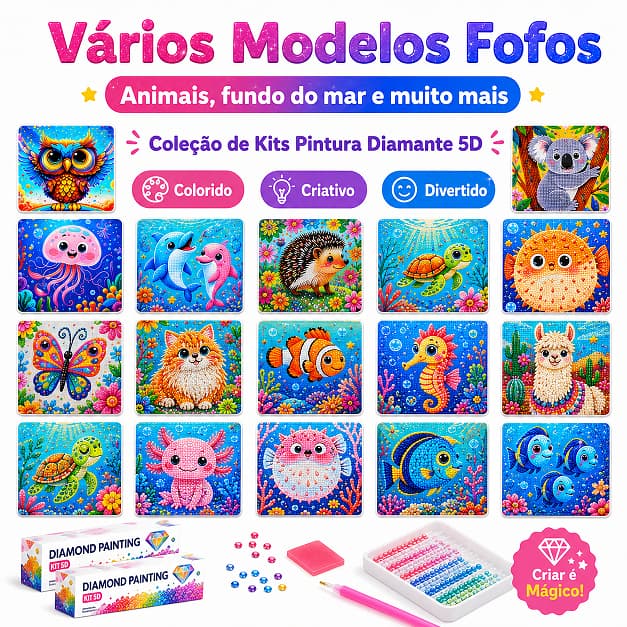 Kit Pintura Diamante 5D Infantil DIY Completo com Pedrinhas Animais Modelos Sortidos