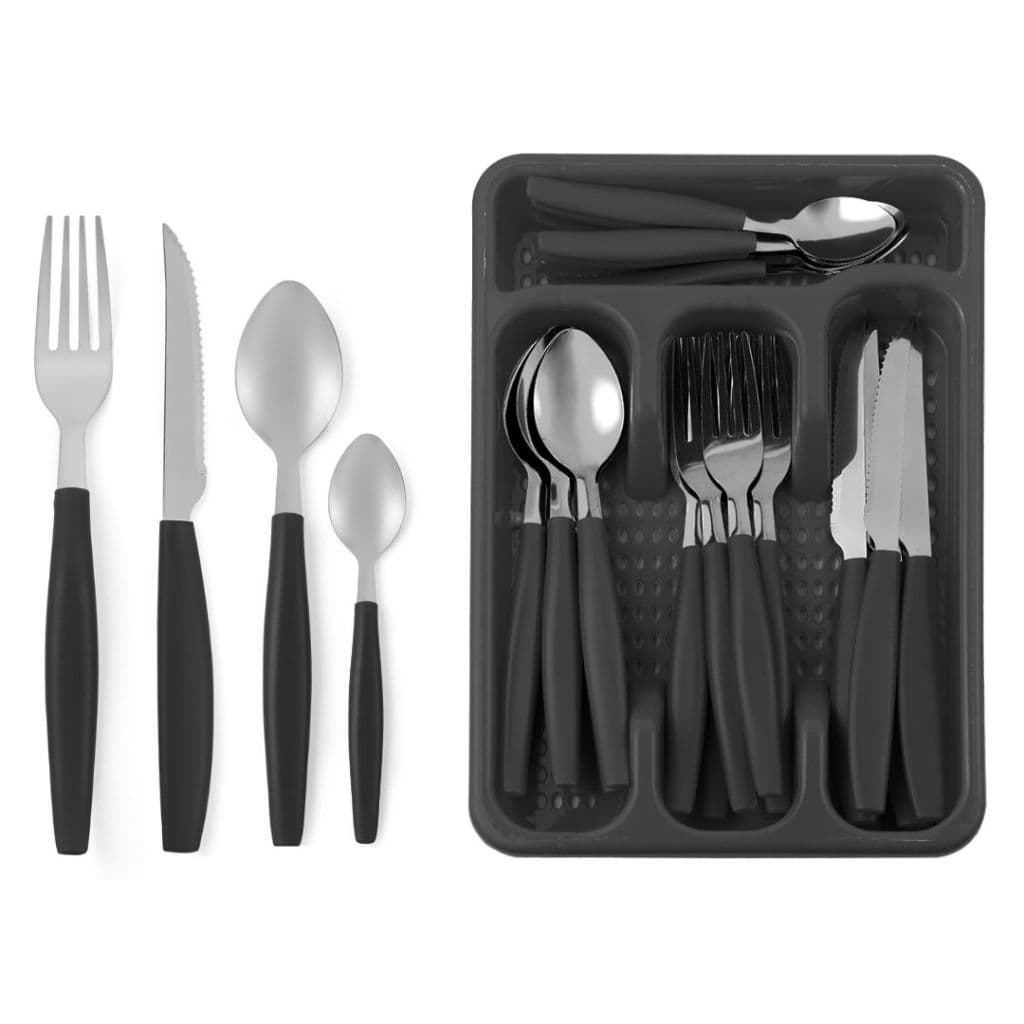 Kit 25 Peças Talheres Cabo Plástico Cesto Organizador Tamanho P - Aço Inox