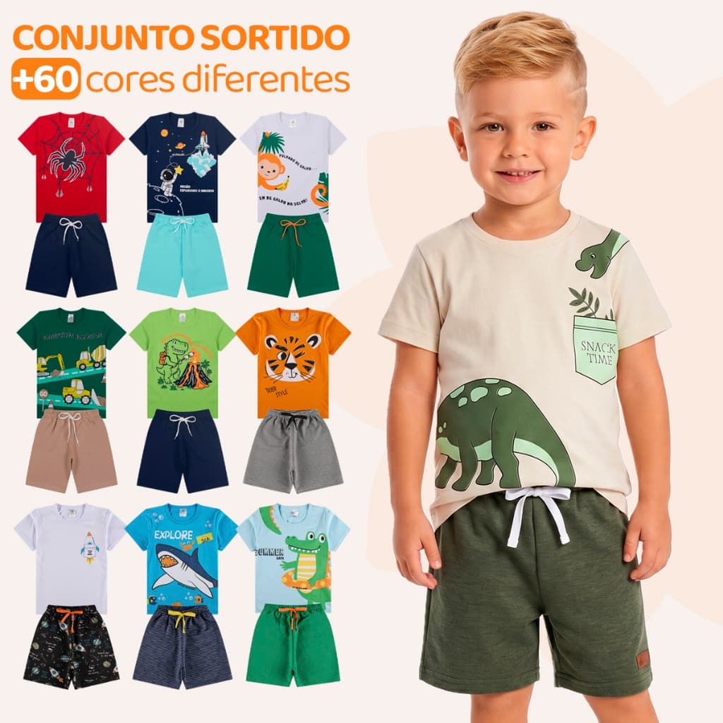 Kit Sortido 10 ou 4 Peças de Roupas Infantil Menino- 5 Camisetas + 5 Bermudas - Kit 5 Conjuntos de Roupa Verão Masculino