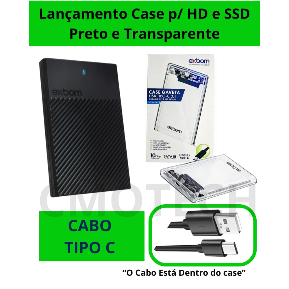 Case Externo HD Capinha SSD 2,5" USB Tipo-C 3.1 Sata III PC e Notebook Preto e Transparente Exbom