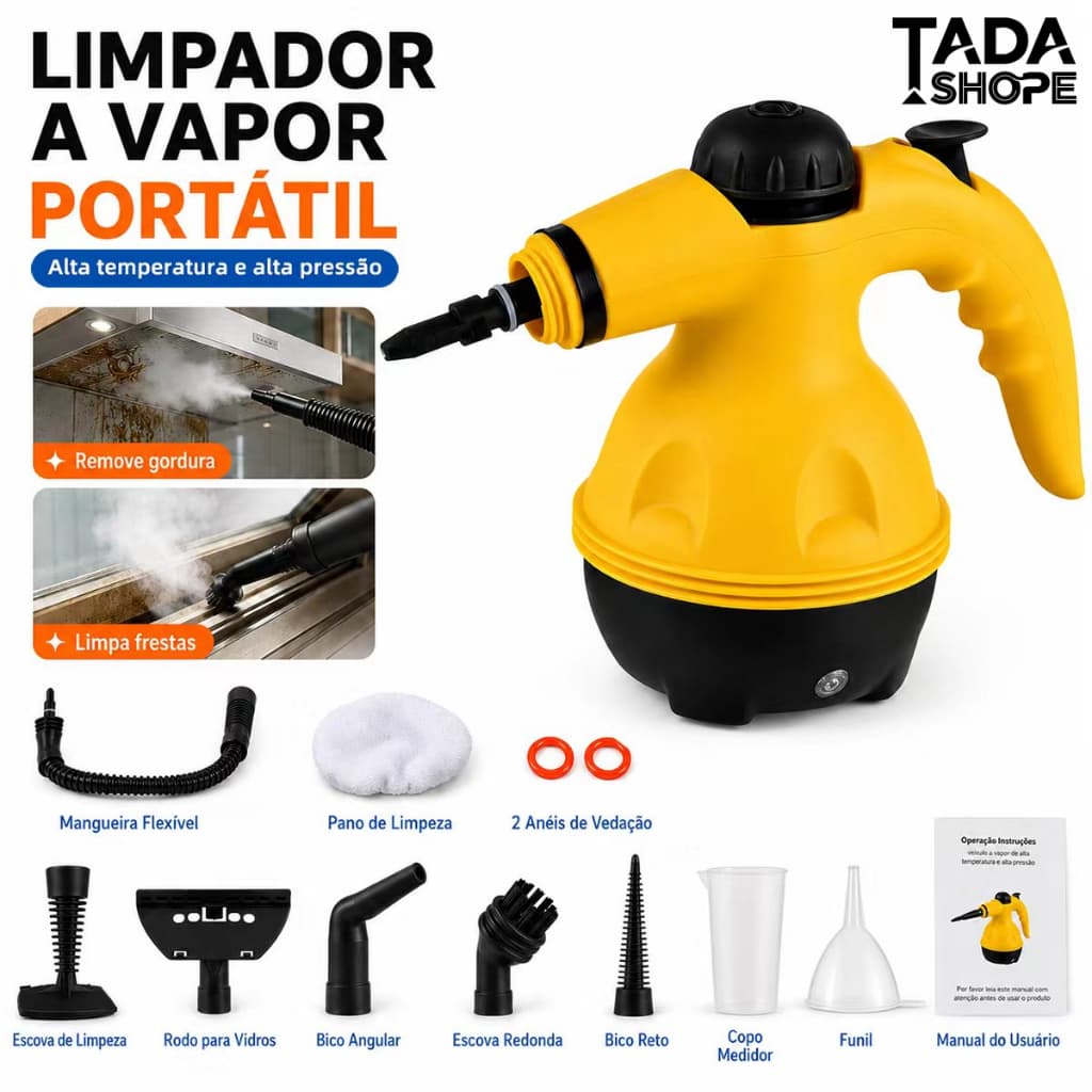 Limpador a Vapor Portátil 1100W Máquina de Limpeza Pressurizada Alta Temperatura com Escovas 110V TADASHOPE