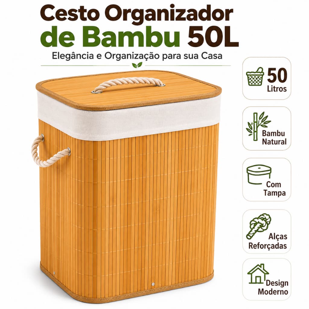 Cesto De Roupas 50 Litros Com Tampa Alça Bambu Organizador Lavanderia Closet Banheiro Multiuso Bege