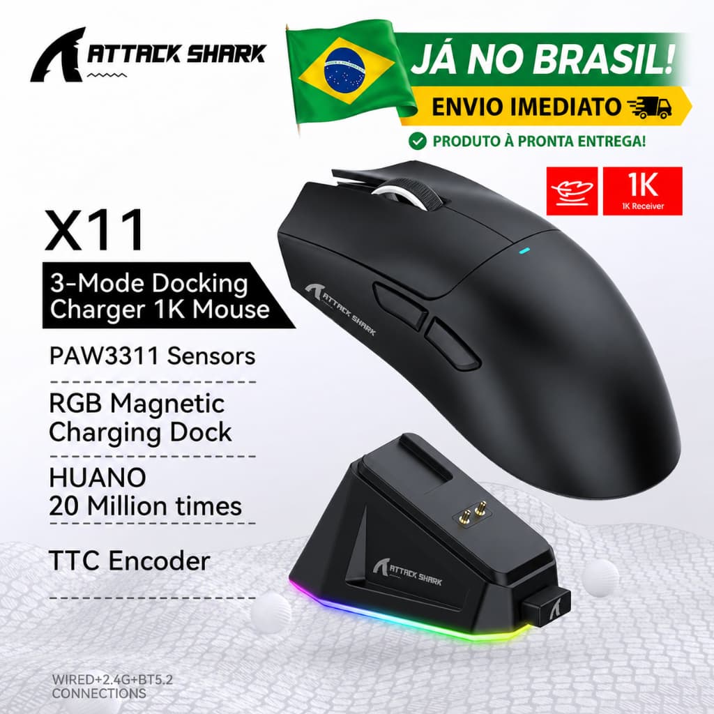 Mouse Gamer Sem Fio Attack Shark X11 - 22000 Dpi - Tri-mode Com Dock Magnético, RGB, Branco/Preto - Software de Controle