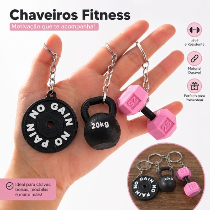 Kit 3 Chaveiros Academia Fitness em Impressão 3D Halter Kettlebell Anilha