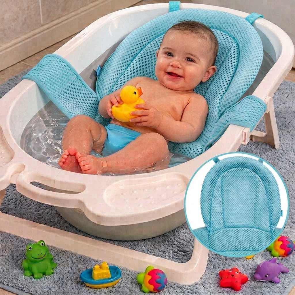 Almofada De Banho Infantil C/ Trava de Segura Regulável Antiderrapante P/ Banheira De Bebê/Flutuante Azul