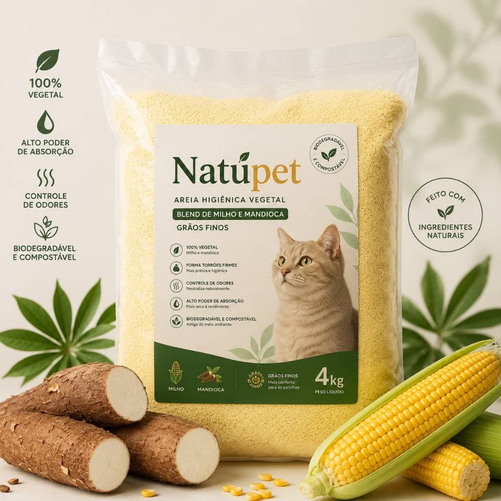 Areia Biodegradável 4kg Fina 100% Mandioca  e  Milho Sanitária Para Gatos Zero Odor Zero Poeira Torrão Instantâneo