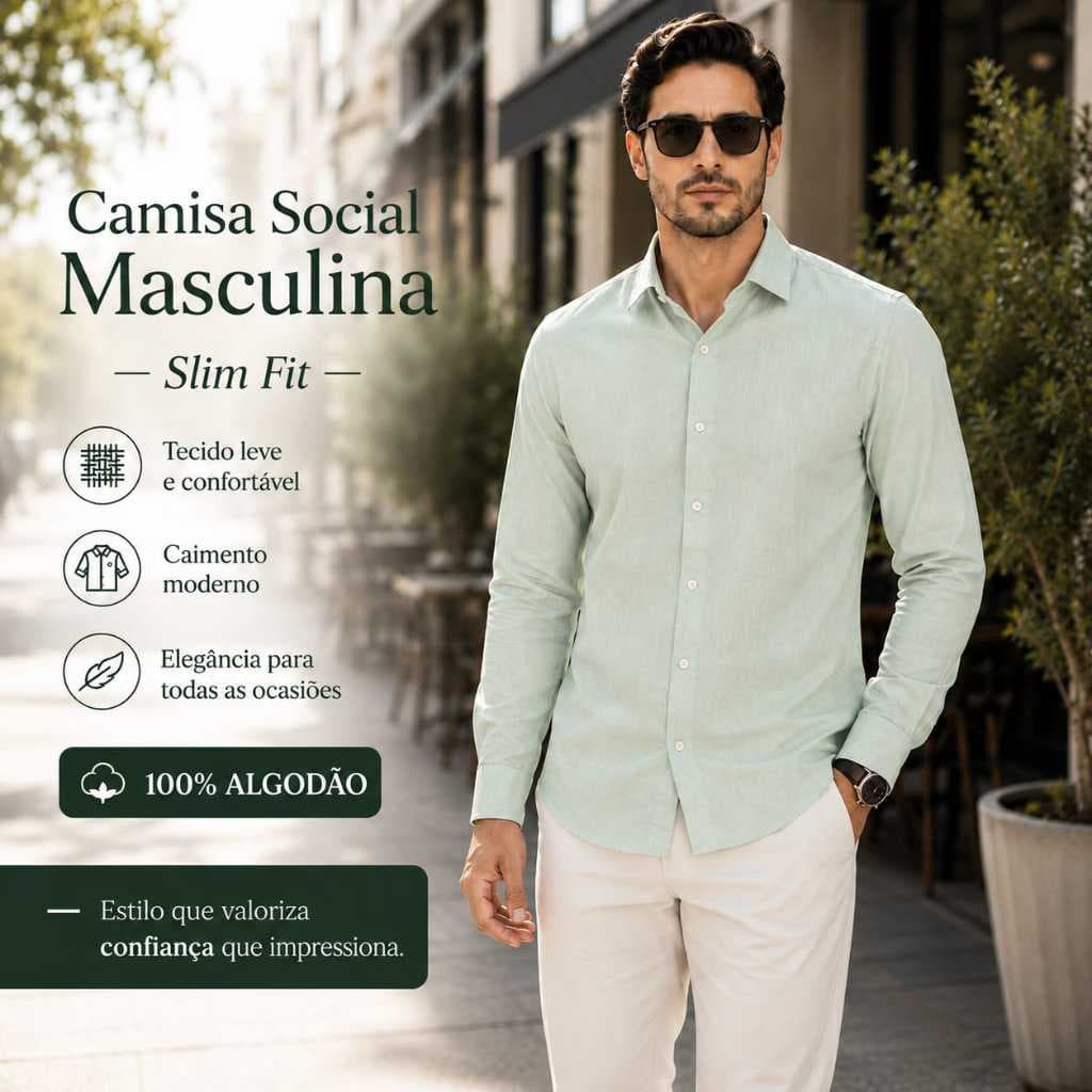 Camisa Social Manga Longa Masculina Algodão Linho Premium Slim Fardamentos