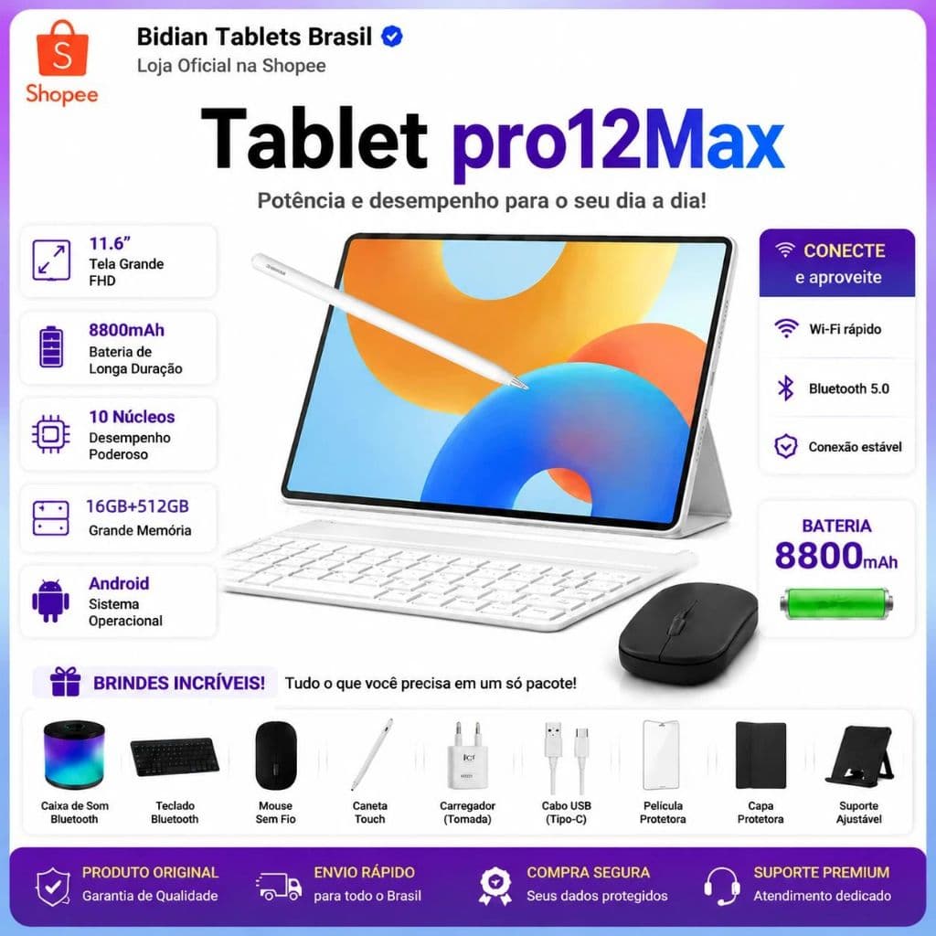 Combo with Keyboard and Mouse Tablet Pro12 Max-11.6"inch 16GB+512GB Android 15 8800mAh Ideal for Studies and Games