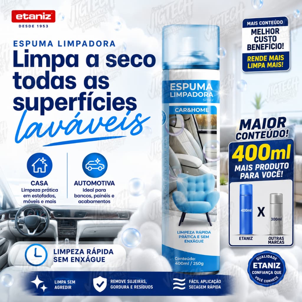 Espuma Limpadora a Seco 400ml - Spray para Estofado, Tapete, Colchão e Banco de Carro - Doméstica e Automotiva.