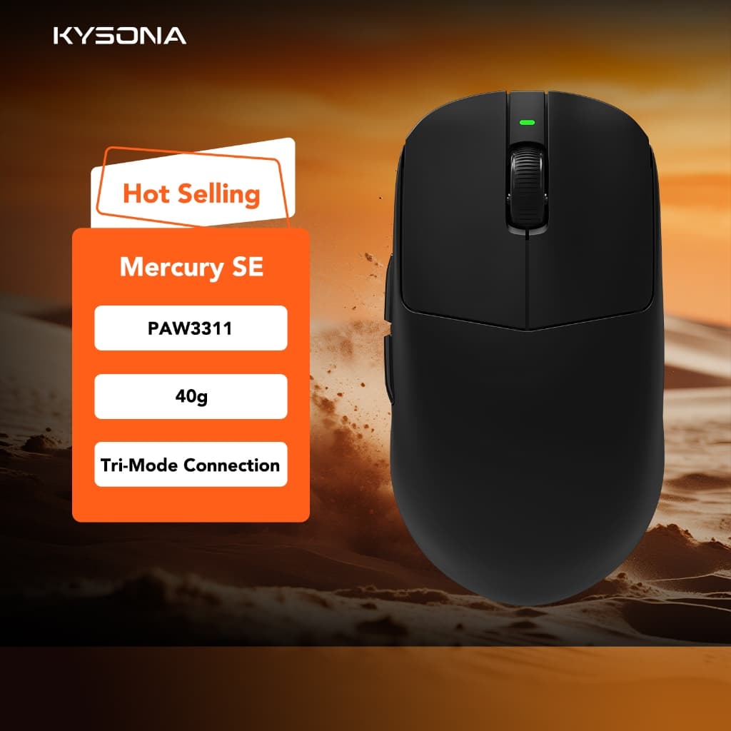 Mouse Gamer 46g Ultraleve KYSONA Mercury SE PAW3311 24000DPI 1000Hz Tri-Modo 300mAh Sem Fio