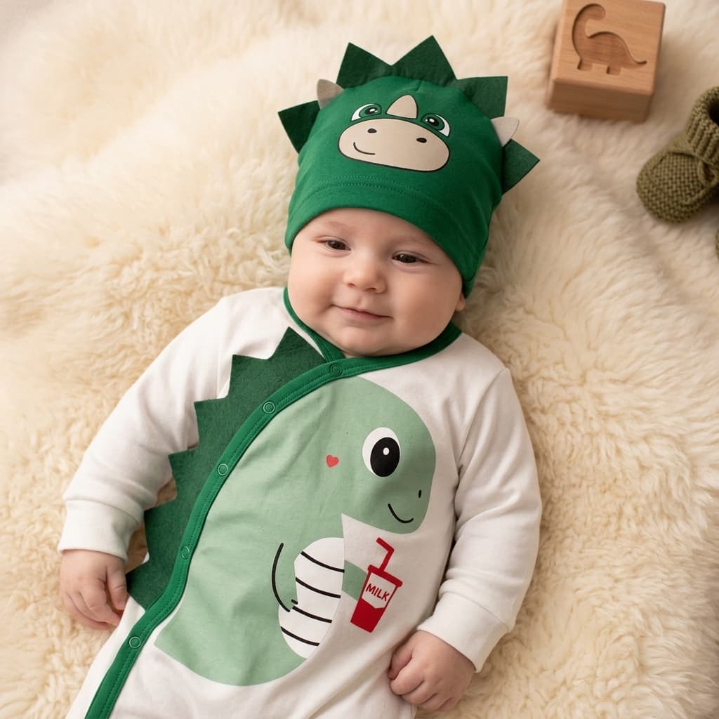 Conjunto Macacão Bebê Dinossauro com Touca Infantil Menino Menina Fantasia Fofura Roupa Recém-Nascido Confortável