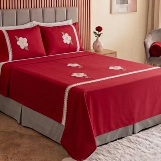Jogo de Cama Casal Bordado Colcha Bordada (Lençol Casal Bordado com 2 Fronhas) - Durabilidade e Sofisticação
