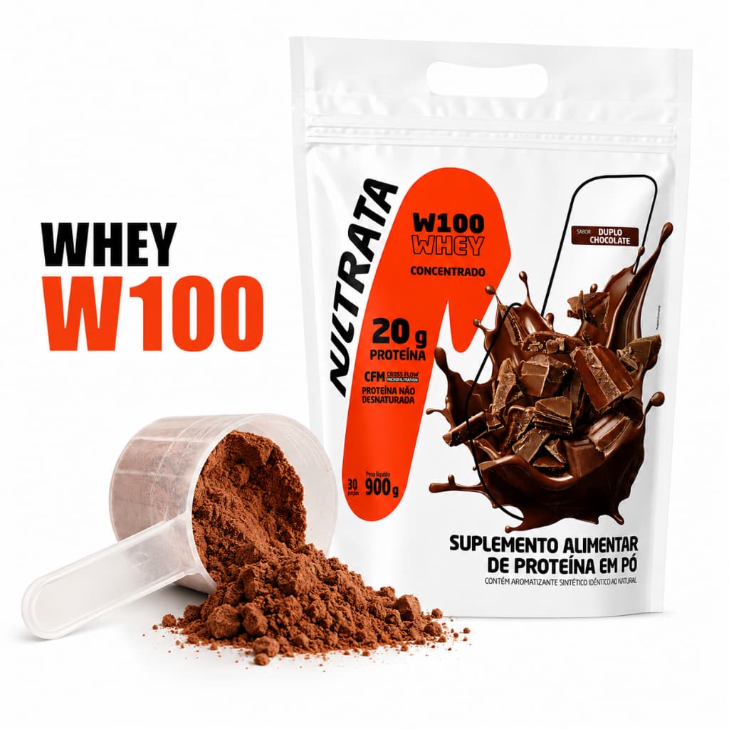 Whey Protein W100 Nutrata Sabor Duplo Chocolate 900g Refil Proteína Concentrada Original
