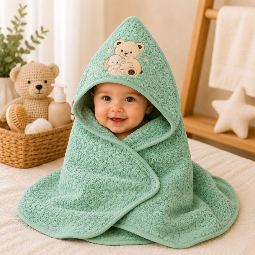 Toalha De Banho Bebe Recem Nascido Capuz Forrada Fralda Bordada Urso 68X80 Presente Enxoval