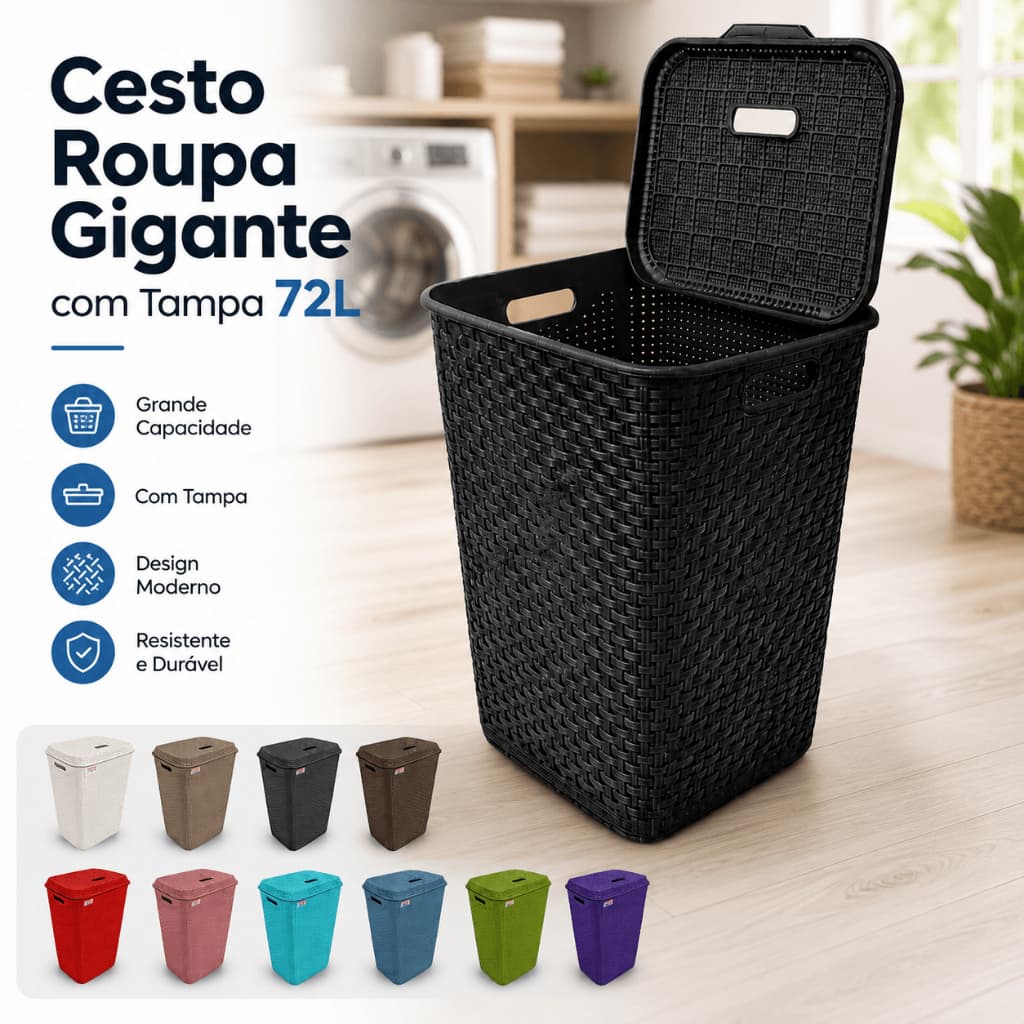 Cesto Roupa Suja 72L Gigante com Tampa Plástico Reforçado Lavanderia Banheiro Organizador Resistente