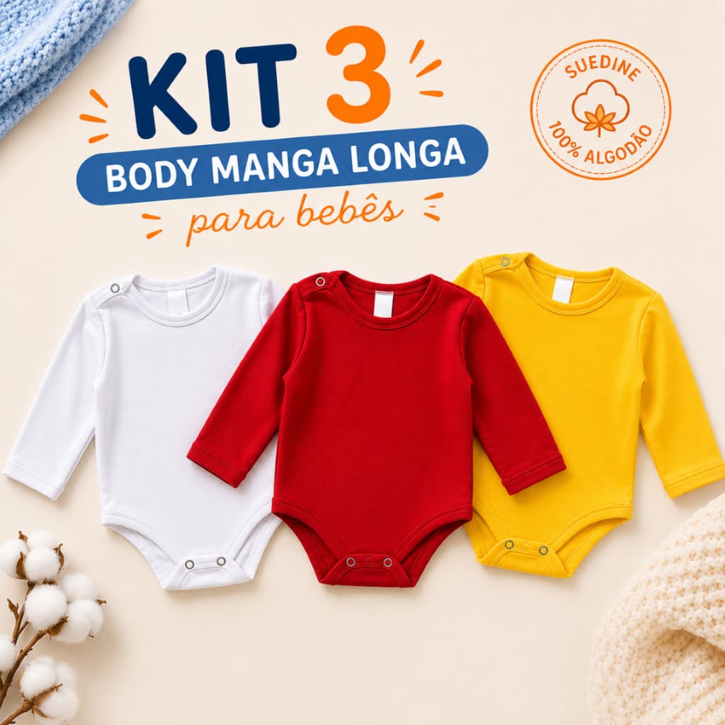 KIT 3 Peças Body Bebê Manga Longa Menina Menino | Suedine 100% Algodão | Enxoval Maternidade