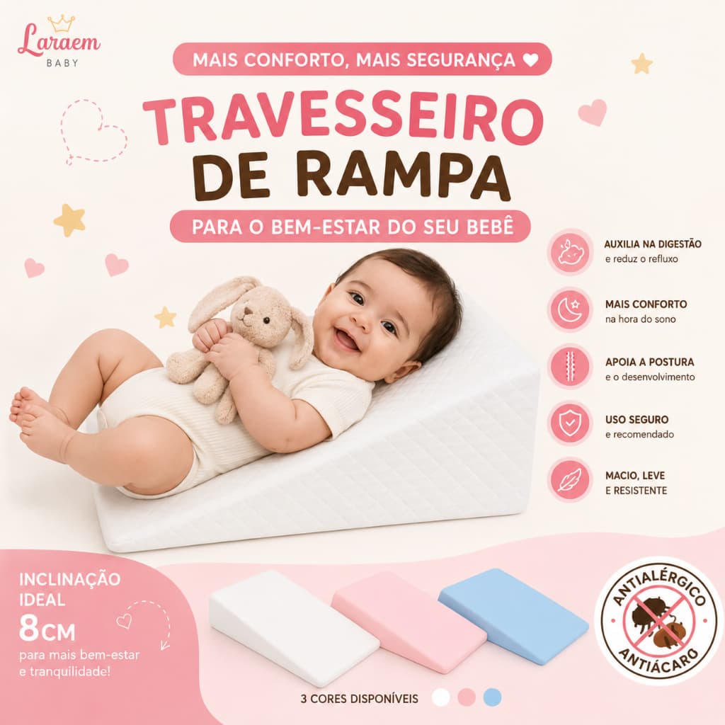 Kit travesseiro Anti Refluxo Rampa Berço Carrinho Bebê - Varias Cores rn bebê maternidade