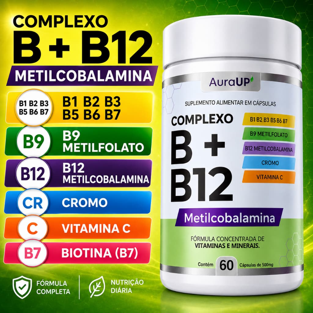 Vitamina B12 Metilcobalamina + Complexo B B9 Metilfolato Vitamina C Cromo Biotina AuraUP 60 Cáps