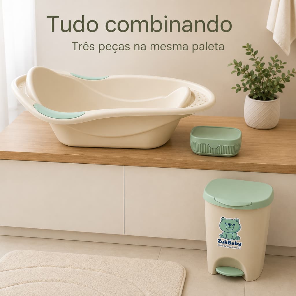 Kit Banho Bebê Enxoval Completo com Banheira Lixeira e Acessórios de Higiene Infantil 3 a 6 Peças