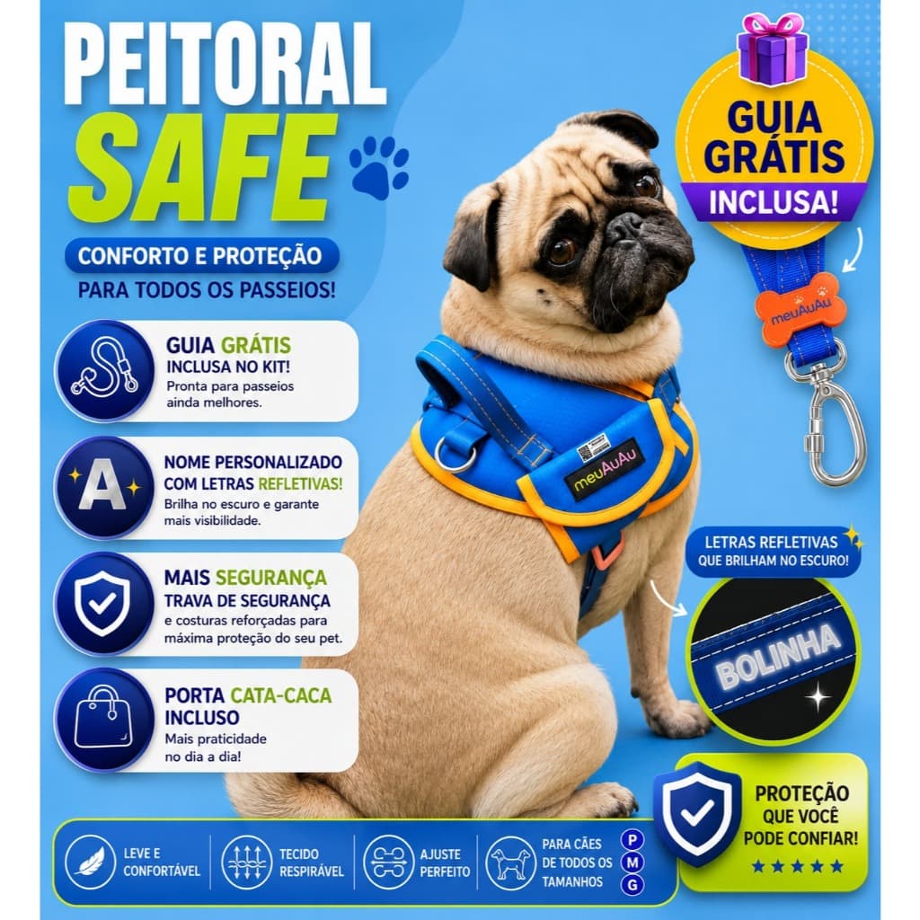 Coleira Peitoral 4 em 1 Peitoral + Guia Grátis  + Cata Caca + Nome Personalizado