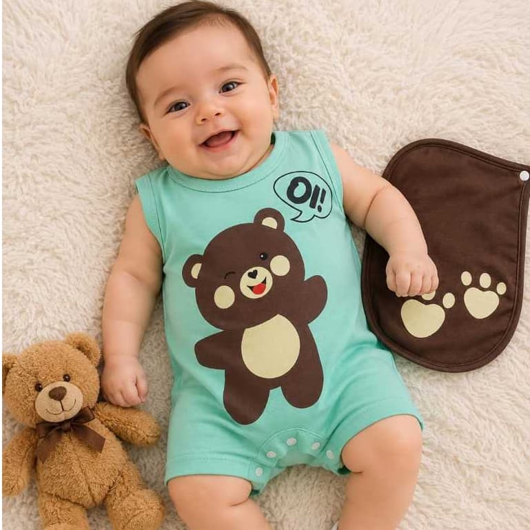 Macacão Ursinho Oi Bebê  menino + paninho de chupeta